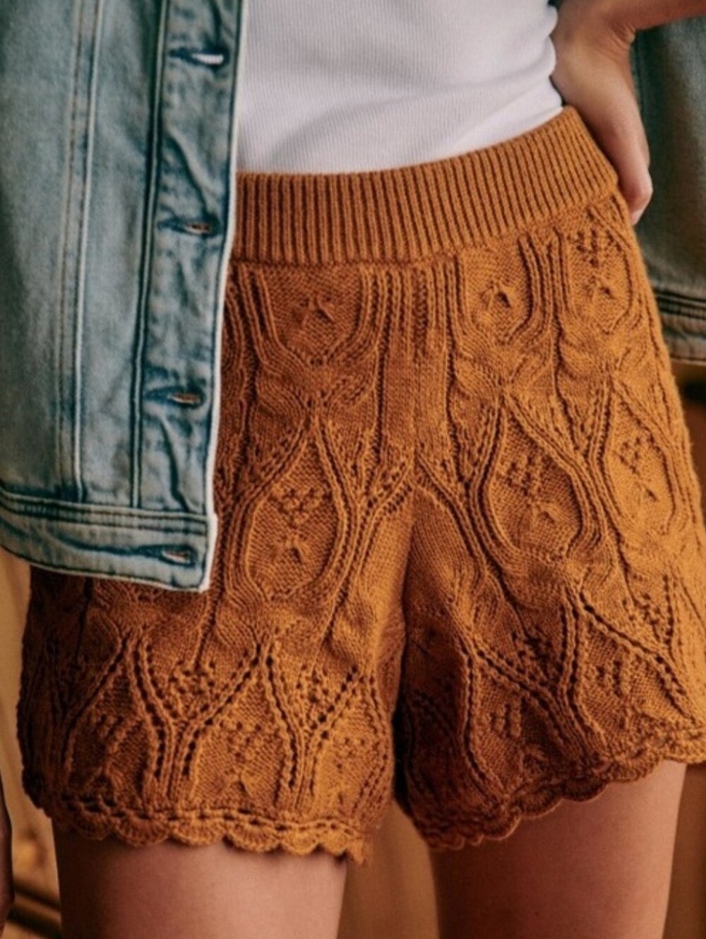 Sezane Crochet Knit Lace Baby Alpaca Shorts Bloomers — Amber Tan Rust Brown - L